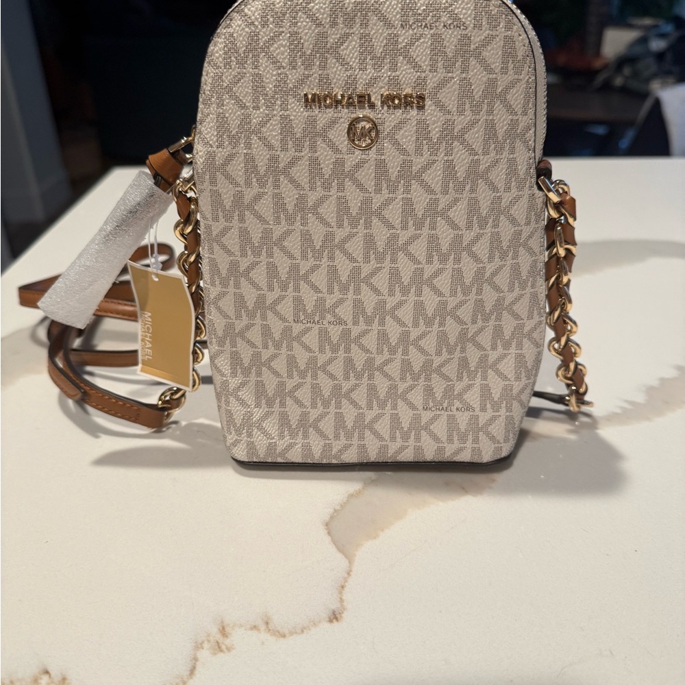 Michael Kors Cream and Brown Crossbody Bag with Signature Monogram